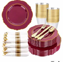 175PCS Red Plastic Plates - Disposable Burgundy Red and Gold - 25guest Baroque Plastic Dinnerware include 50Plates, 25Pack Pre Rolled Napkins with Sil