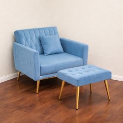 Like-New Velvet Accent Chair w/ Ottoman – Reclines – Baby Blue