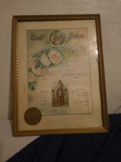 antique, framed German-language baptism certificate (Tauf-Schein)