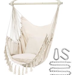 NEW Hammock Chair Hanging Rope Swing, Max 500 Lbs, 2 Cushions Included, Large Macrame Hanging Chair with Pocket for Superior Comfort, with Hardware Ki