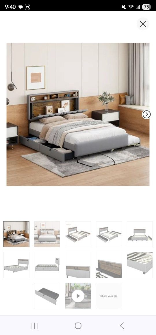 Full Size Upholstered Platform Bed with Storage Headboard, Twin Size Trundle, 2 Drawers and Sockets & USB Ports, 4L -ModernLuxe