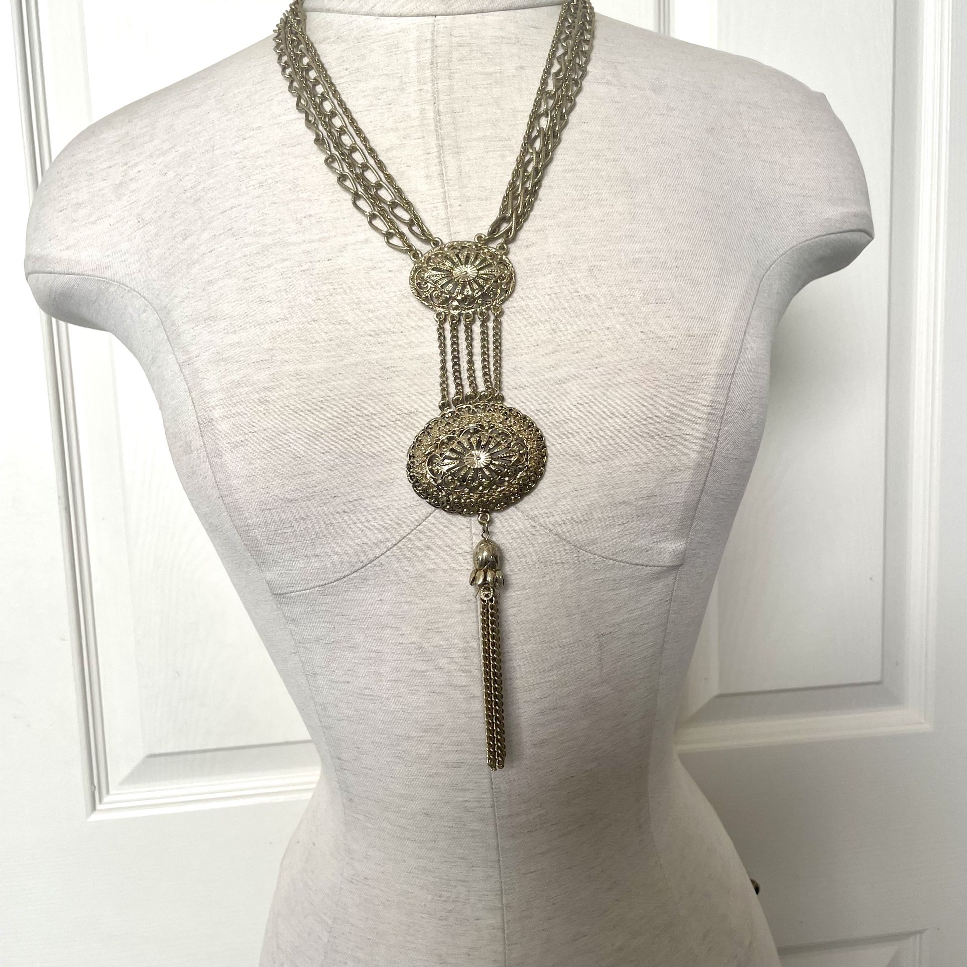 Long Gold Tone Multi Chain Pendant Necklace