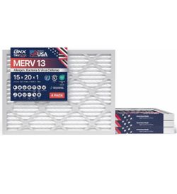 BNX TruFilter 15x20x1 Air Filter MERV 13 (4-Pack) - MADE IN USA - Electrostatic Pleated Air Conditioner HVAC AC Furnace Filters for Allergies, Pollen,