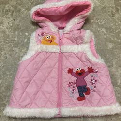 Sesame Street By Nanette Girls Quilted Puffer Vest Hooded Fur Trim Elmo