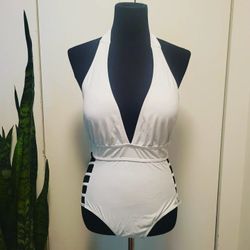 White one piece halter top swim wear sz large 