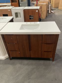 48” Brown Solid Wood Bathroom Vanity with Engineered Marble Top (V198)