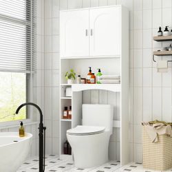 FUFU&GAGA White Over-Toilet & Laundry Space Saver Cabinet, Bathroom Utility Storage with Doors & Adjustable Shelves. New