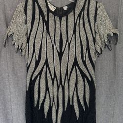 Vintage SCALA 100% Silk Beaded Formal Evening Maxi Dress sz PS Petite Small Silver Black Needs to be dry cleaned