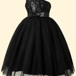 Girls Contrast Sequin One Shoulder Mesh Overlay Belted Gown Dress (9/10 Year Old Girls)