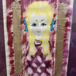 Framed Francois Paris, Blonde Girl with Blue Bows, Acrylic and Collage Painting