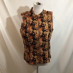 Christopher & Banks Brown & Orange Floral Zip Vest - Womens L, NWT, Bust 20.5”, length 23”