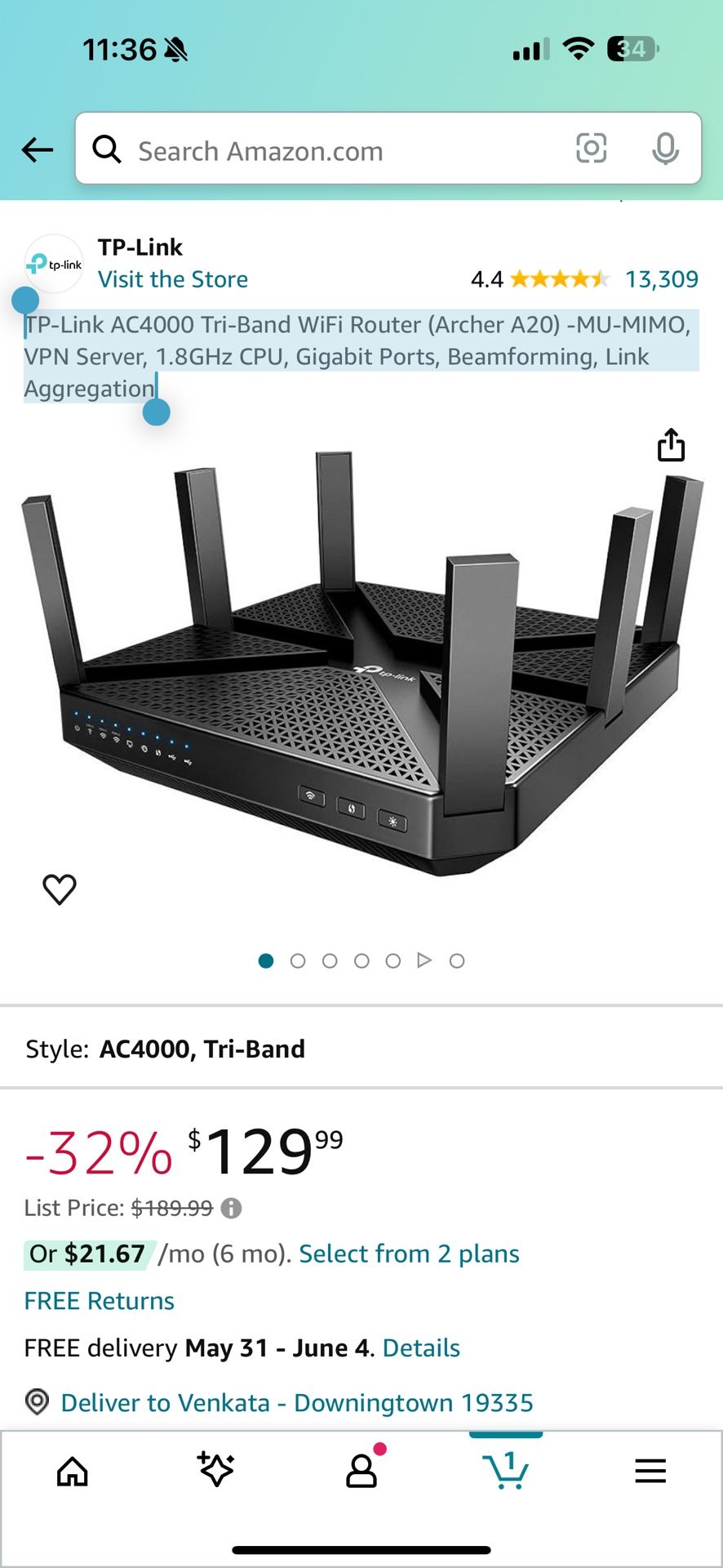 TP-Link AC4000 Tri-Band WiFi Router (Archer A20) -MU-MIMO, VPN Server, 1.8GHz CPU, Gigabit Ports