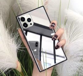 LUVI Square for iPhone 13 Pro Mirror Case for Women Makeup Cute Luxury Glossy Glass Mirror Back Design Cover with Silicone Bumper Slim Thinc