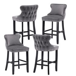 Set of 4 Wingback Upholstered Bar Stools with Nailhead Trim, Velvet Fabric Side Dining Room Chairs with Tufted Button, Living Room Chairs Counter Bar 
