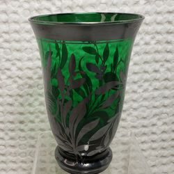 Vintage Green glass floral vase . 
