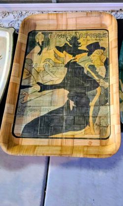 Vintage art deco bamboo tray wall art or bbq camping picnic trays cottage core granny chic