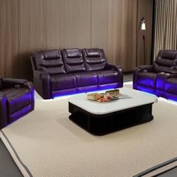 Brown Leather Power Electric Recliner Set
