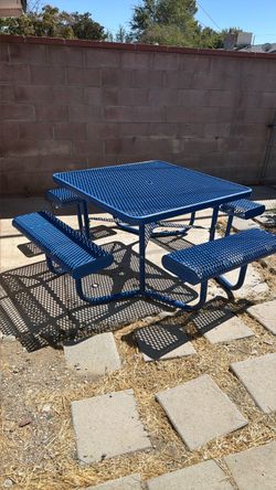 Blue Steel Outdoor Picnic Table with Benches