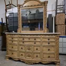 Blonde Wood / Granite Top 9 Drawer Dresser with Mirror