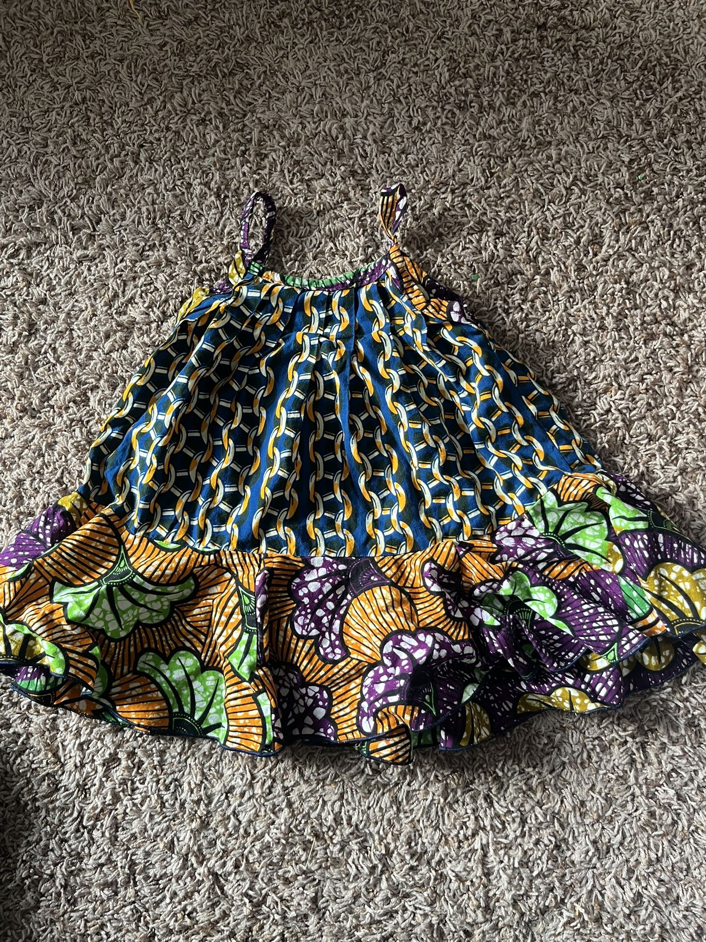 Green, Orange, Purple, & Gold chain Print Authentic African Ankara Toddler Dress (2T–3T)