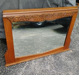 Antique Vintage Art Deco Carved Mirror Oak 1930s Dresser Buffet Vanity Desk Cabinet Sideboard 002