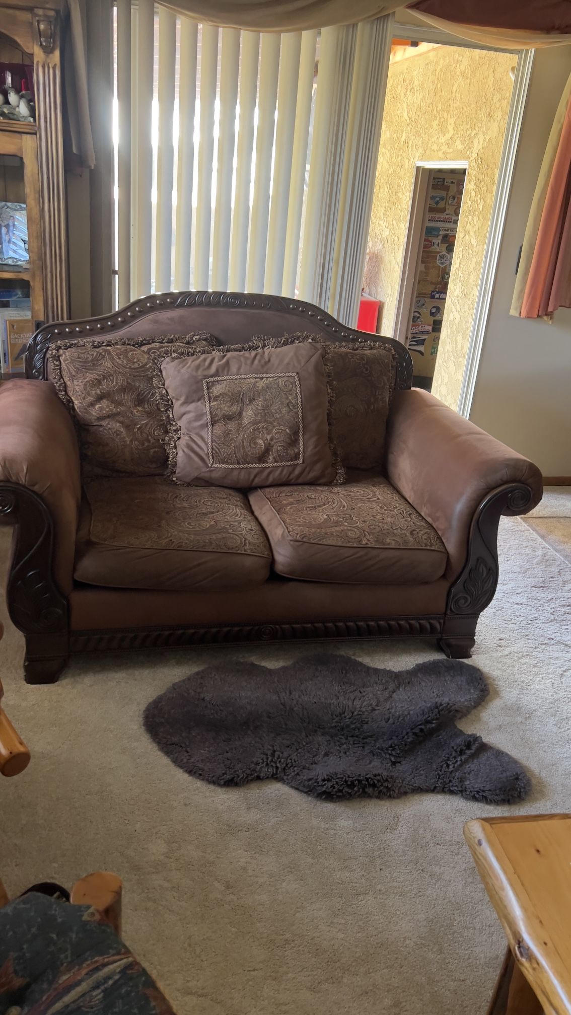Brown Loveseat and  Sofa + Pillows