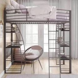 Twin Metal Loft Bed with Integrated Desk and Shelves, Silver 