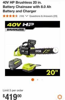 40V HP Brushless 20 in. Battery Chainsaw with 8.0 Ah Battery and Charger
