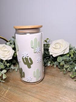 Sage Cactus Glass Can Cup with Bamboo Lid | Cute Western Cup | 16 oz Aesthetic Iced Coffee Cup