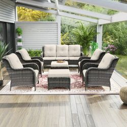 7 Pieces Patio Conversation Set, Four Wicker Chairs, One 3-Seat Sofas and Two Ottomans with 3.5-inch Seat Cushions, Beige