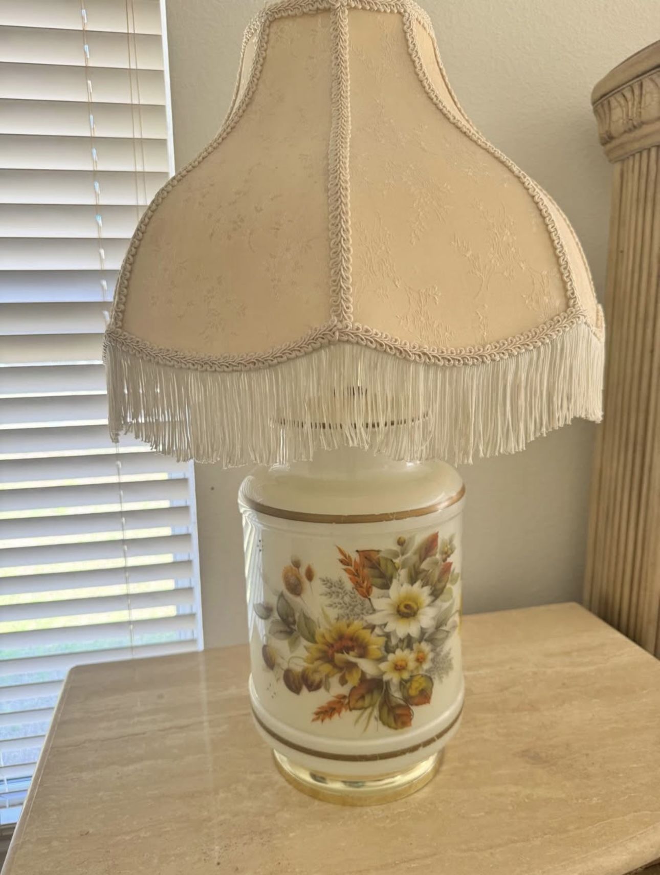 Vintage Floral Glass Table Lamp with Fringe Shade, Elegant Antique