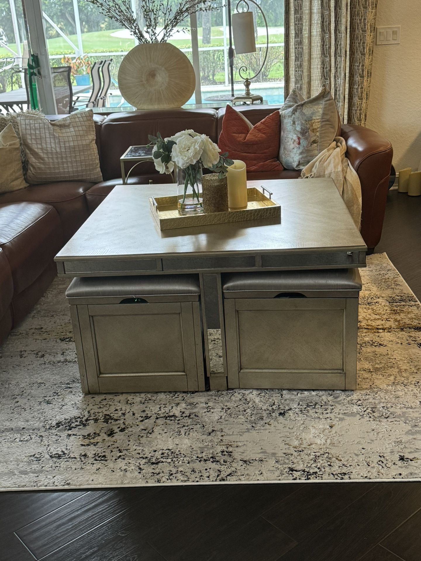 42” Square Coffee table With 4 Upholstered storage Stools