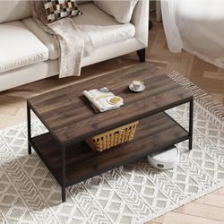  Modern Coffee Table with Storage Shelf Metal Frame for Living Room 43" Wood Tabletop Tea Table Cocktail Table,Easy Assembly, Walnut