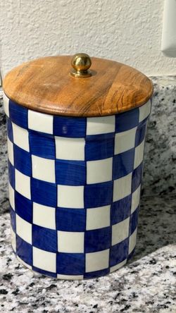 Blue and White Checkered Ceramic Canister