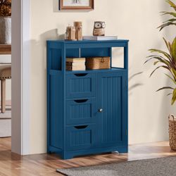 Wooden Floor Cabinet Free Standing Storage Organizer for Living Room Navy Blue