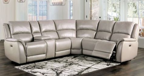 Brand New Light Grey Super Plush Leather Power Reclining Sectional Sofa