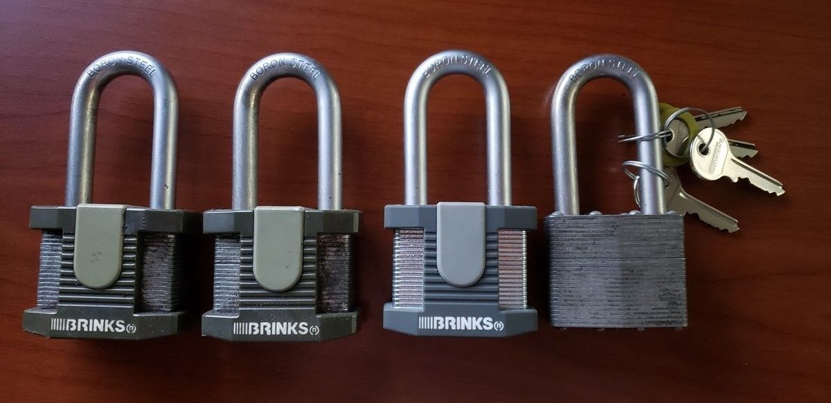Heavy-Duty Brinks Padlocks Keyed-Alike with 2” Shackle, 4 Locks & 4 Keys