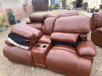 Brown Leather Reclining Loveseat with Console