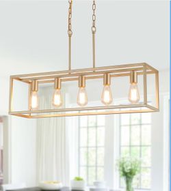 New 33” Gold Rectangular Modern Industrial Chandelier Linear 5-Lights Pendant Adjustable Dimmable