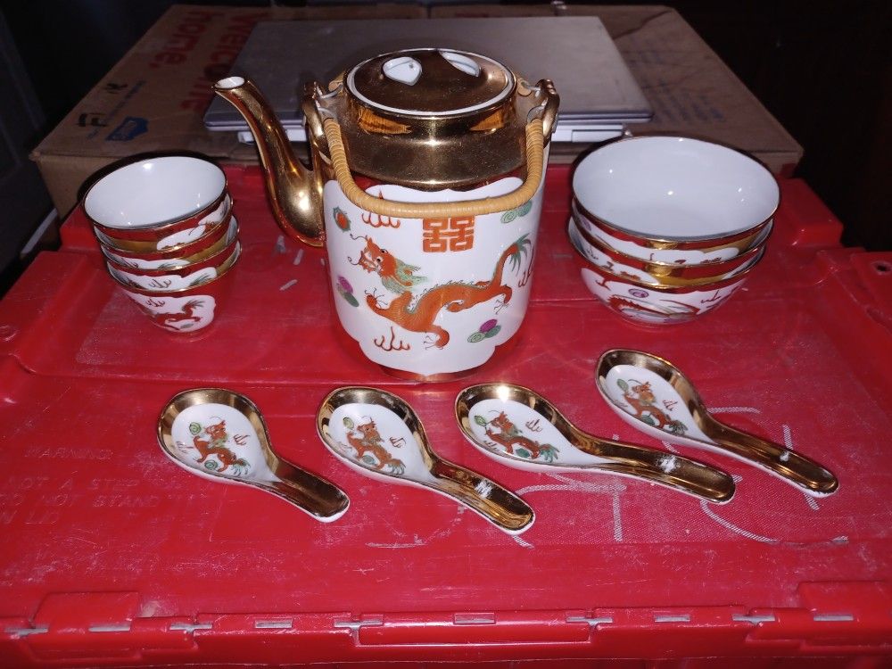Vintage Dragon and Phoenix Decorated Gilt Teapot With Bowls And Spoons