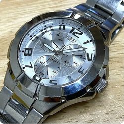 GUESS Waterpro Mens 100m Silver Analog Quartz Watch~Day Date 24hr~New Battery
