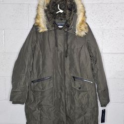 French Connection Hooded Faux Fur Trim Parka Women's Extra Large Green