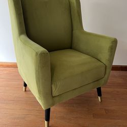 Velvet Modern Accent Chair with wood legs, gold metal accents, Olive Green