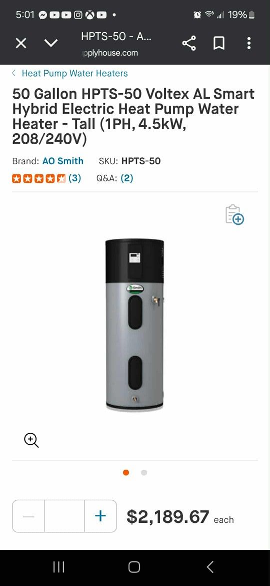 Ao smith Voltex Commercial Grade Water Heater 50 Gal