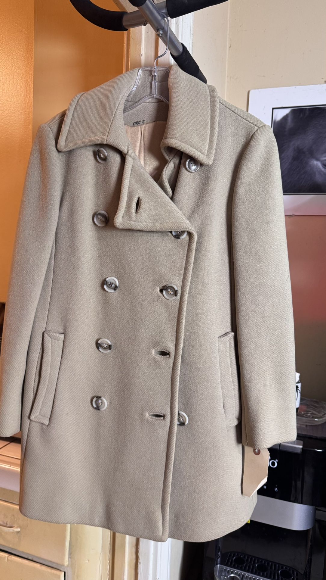 Wool Blend Double Breasted Peacoat in Tan 1970s