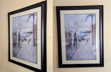Didier by the Sea Didier Lourenco shore ocean beach boat theme glass dark wooden frame oversized art 34x44 painting