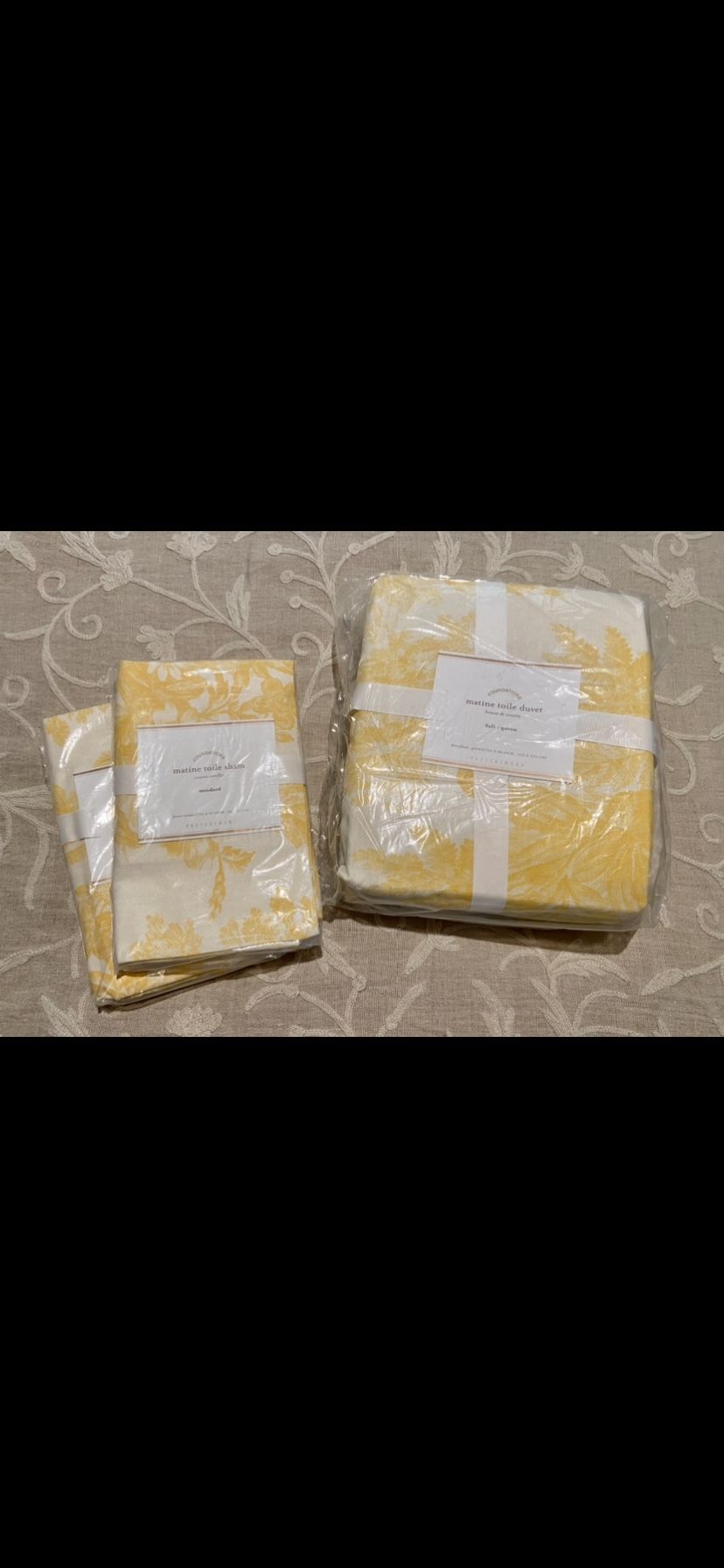 New - Pottery Barn Matine Toile Marigold/yellow Full/Queen Duvet, Two Pillow Shams 