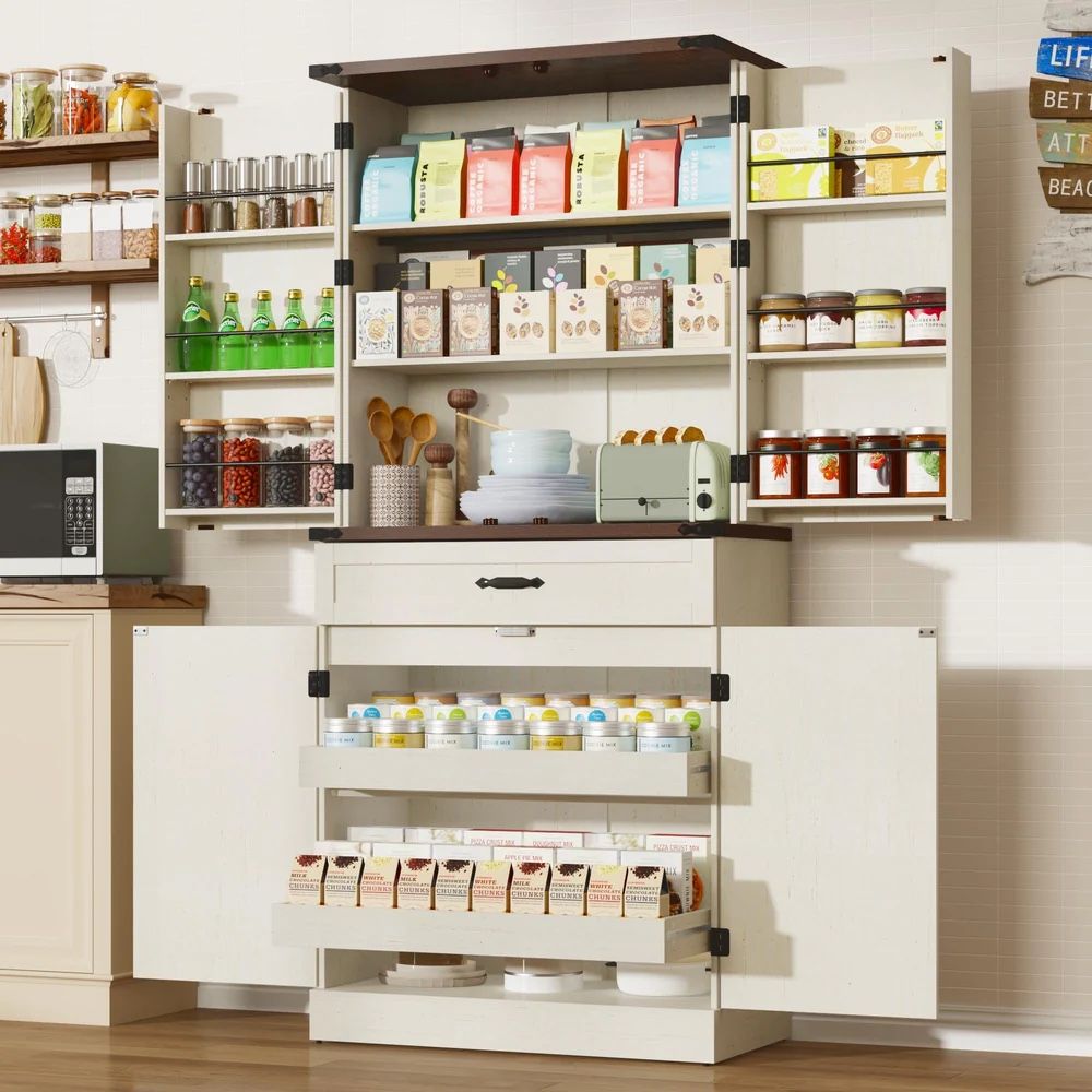 71" Tall Kitchen Pantry Cabinet with 3 Drawers, Farmhouse Storage Cabinet with 6 Barn Door Shelves,with Load-Bearing Steel Pipe and Adjustable Shelves