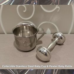 COLLECTIBLE STAINLESS STEEL BABY CUP & PEWTER BABY RATTLE 