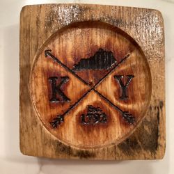 Bourbon Barrel Drink Coaster - wood burned “KY, “Est. 1792” , & state of KY outline (only 1) 4” x 1”T